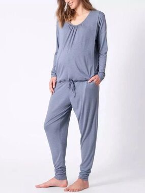 Seraphine Blue Long-Sleeve Maternity & Nursing Lounge Jumpsuit